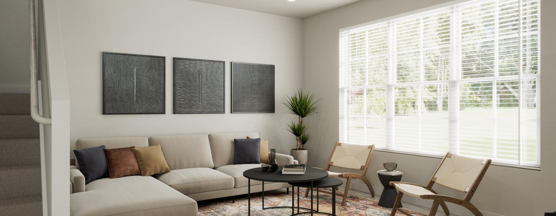 a living room with a couch and a table